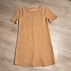 ZARA Camel Knit Sweater Crew Neck Short Sleeve A-Line Dress Size Small S